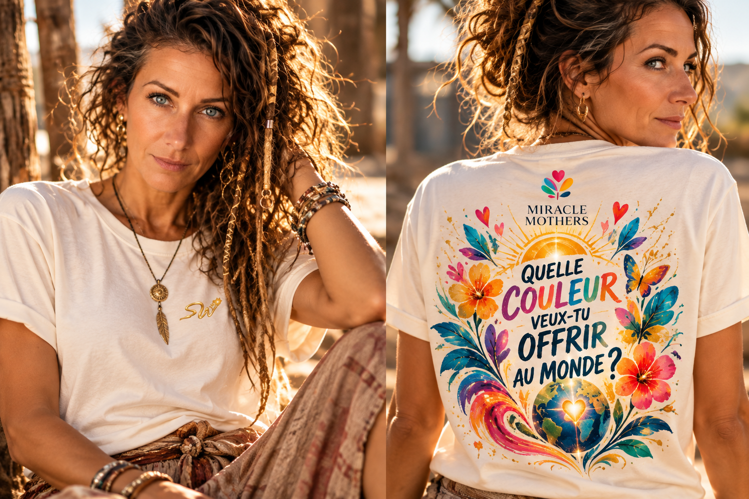 Mana porte le t-shirt SpeakWear Miracle Mothers, de face