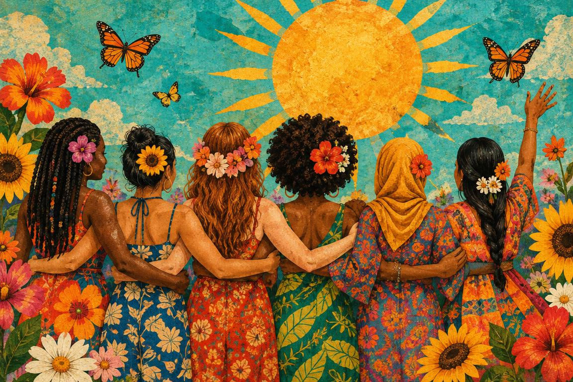 Collage peint : des femmes de dos, bras dessus bras dessous, face au soleil