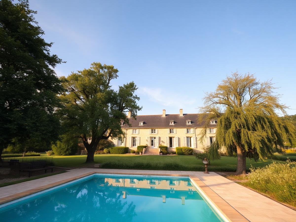 Le Domaine des Éveils : bâtisse en pierre claire, parc arboré et piscine