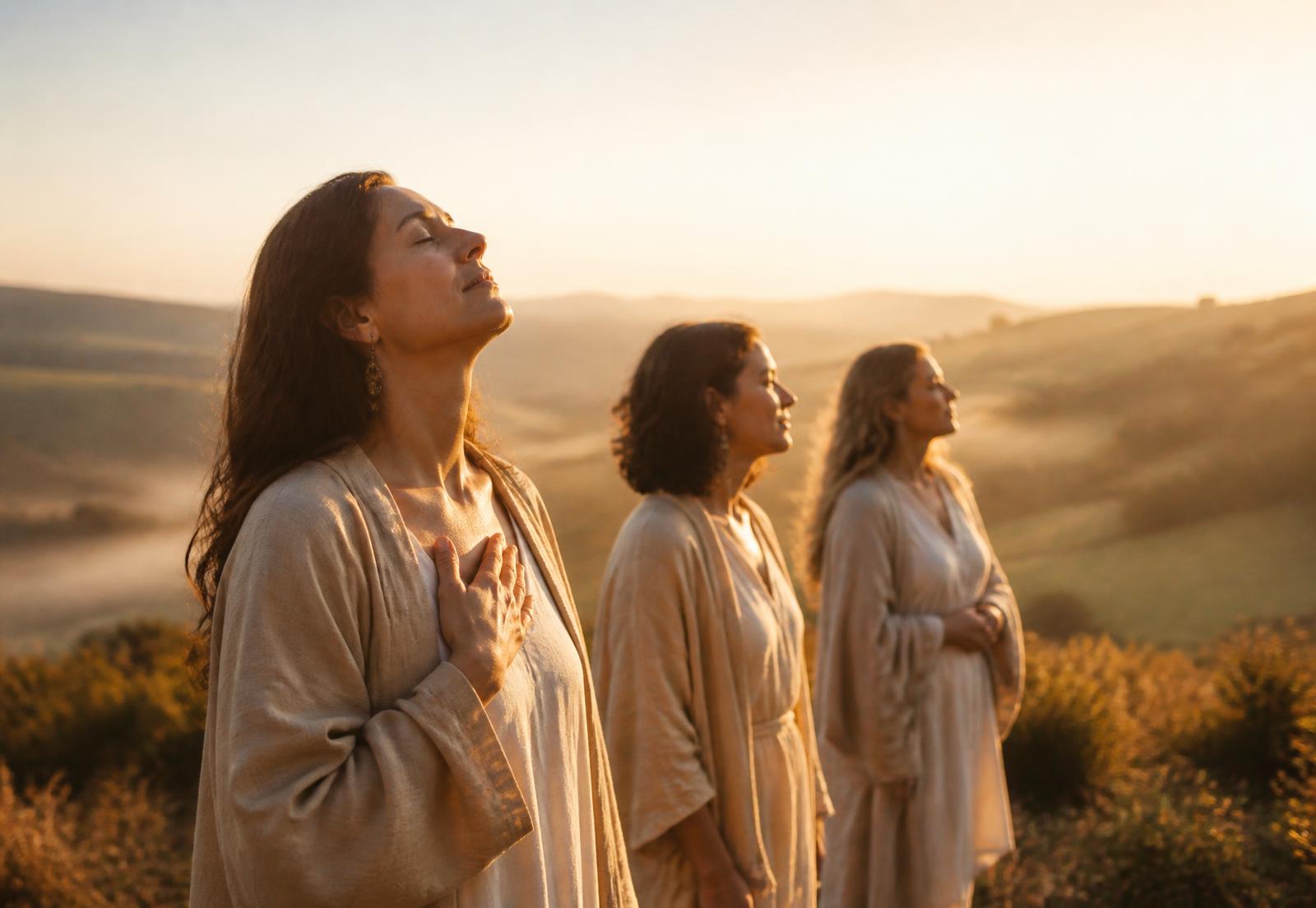 Trois femmes debout au lever du soleil, main sur le cœur, dans un paysage de collines