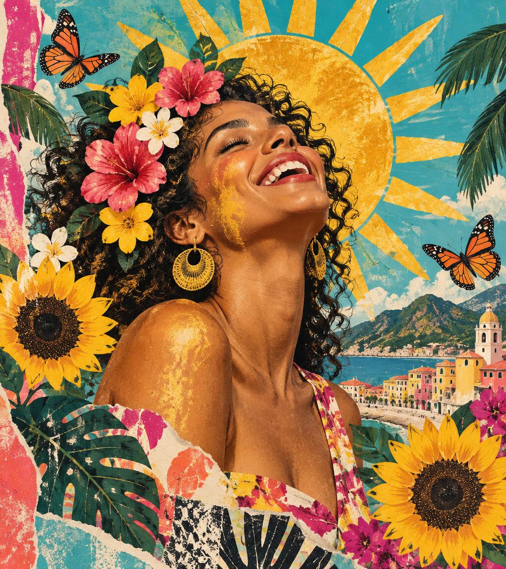 Collage peint : une femme rit, la tête tournée vers le soleil, couronnée de fleurs