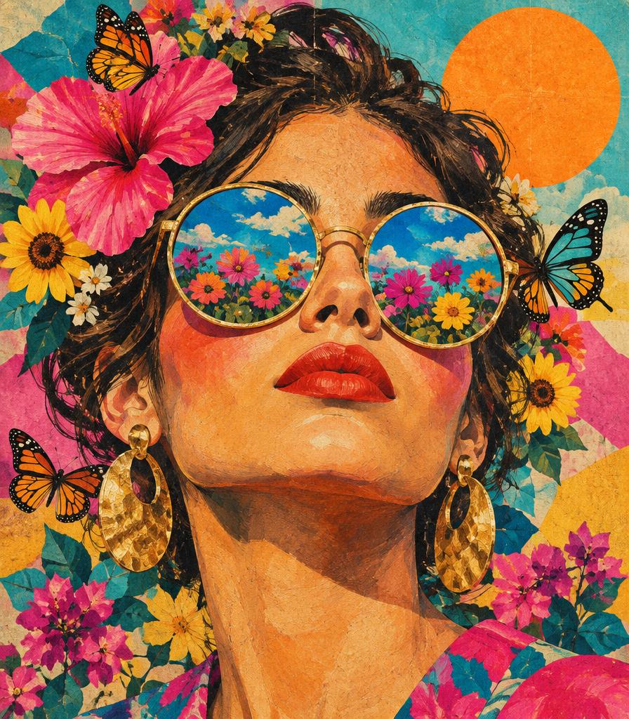 Collage peint : une femme aux lunettes de soleil où se reflète un champ de fleurs