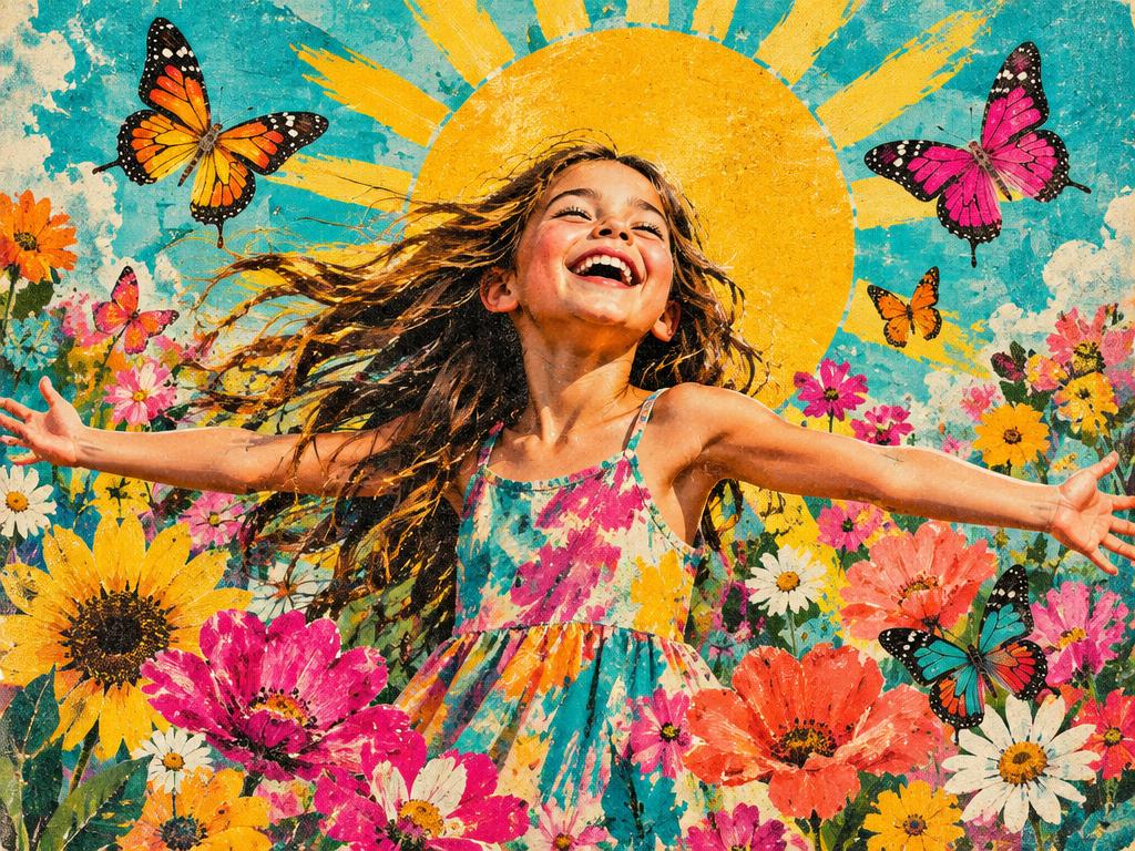 Collage peint : une enfant rit, les bras ouverts, dans un champ de fleurs